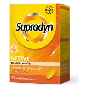 Supradyn ACTIVE Nahrungsergänzungsmittel in gelber Verpackung mit Informationen zu Vitaminen und Mineralstoffen sowie einem Coenzym Q10.