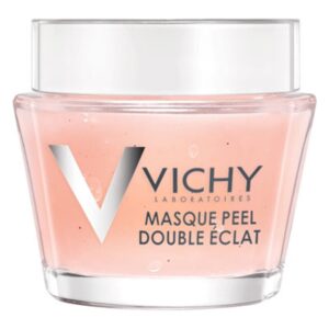 Glasbehälter mit rosa Peel-Maske von Vichy, beschriftet mit "Masque Peel Double Éclat".