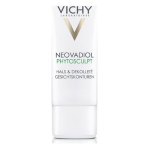 Weißer Pump-Flakon für Vichy Neovadiol Phytosculpt zur Konturierung von Hals und Dekolleté.