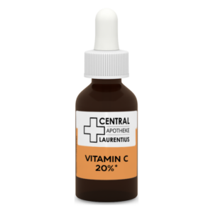 Braunes Fläschchen mit Tropfer, etikettiert mit "Vitamin C 20%" und Logo der Central Apotheke Laurentius.