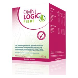 Verpackung von OMNi LOGiC Fibre, einem Pulver zur Unterstützung der Dickdarmfunktion, 250 g, vegan und glutenfrei.