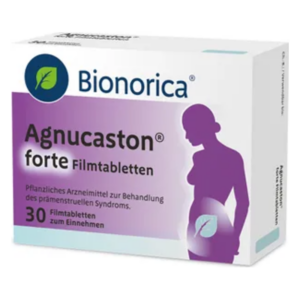Verpackung von Bionorica Agnucaston forte, pflanzlichen Filmtabletten zur Behandlung des prämenstruellen Syndroms.