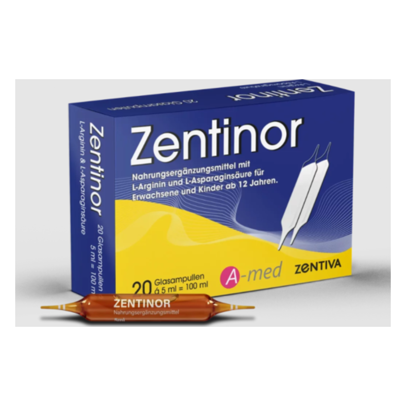 Verpackung von Zentinor, einem Nahrungsergänzungsmittel mit L-Arginin und L-Asparaginsäure, in einer blauen Schachtel mit 20 Glasampullen.