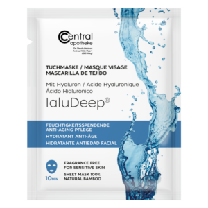 Pakung einer feuchtigkeitsspendenden Tuchmaske mit Hyaluron für anti-aging Pflege, geeignet für empfindliche Haut.
