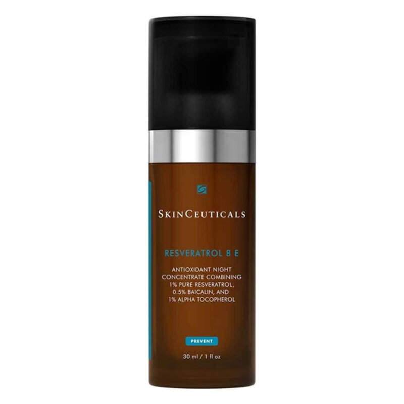 Braunes Fläschchen mit Pumpspender, Bezeichnung "Resveratrol B E" von SkinCeuticals.