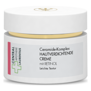 Weißer Tiegel mit goldener Kappe, beschriftet mit 'Ceramide-Komplex HAUTVERDichtende CREME mit RETINOL' und 'Leichte Textur'.