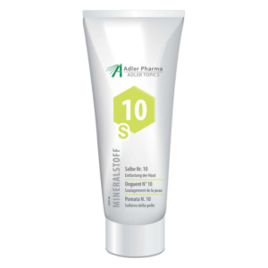 Weißer Tube mit grüner Hexagon-Kennzeichnung, enthält Mineralstoffe zur Hautentlastung, für verschiedene Sprachen beschriftet.