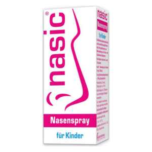 Verpackung des nasic Nasensprays für Kinder, weiße Box mit pinken und blauen Schriftzügen.