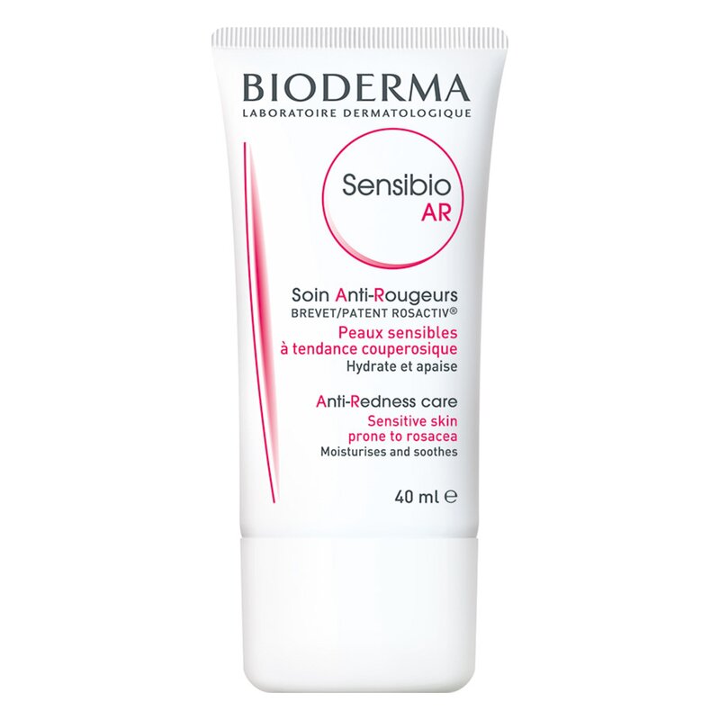 Bioderma Sensibio AR Gesichtscreme in einer weißen Tube mit rotem Akzent, 40 ml, für empfindliche, zu Rötungen neigende Haut.