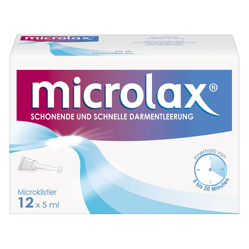 Verpackung von Microlax, einem Produkt zur schnellen und schonenden Darmentleerung, in einer Box mit blau-rotem Design.
