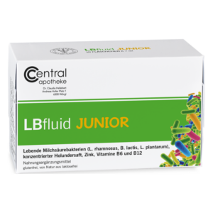 Verpackung des Nahrungsergänzungsmittels LBfluid JUNIOR mit bunten Zeichnungen von Mikroben und Inhaltsstoffen, glutenfrei und laktosefrei.