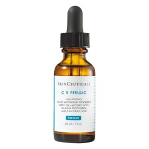 Braune Glasflasche mit schwarzem Tropfer, enthält ein antioxidatives Hautpflegeprodukt von SkinCeuticals.