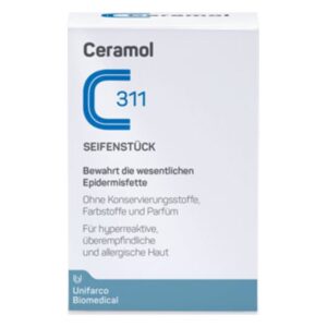 Verpackung des Ceramol C 311 Seifenstücks, beschrieben als ohne Konservierungsstoffe und für empfindliche Haut geeignet.