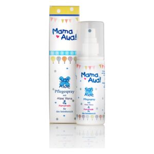 Pflegespray mit Aloe Vera und Hamamelis in einem weißen Sprühflakon, verpackt in einer bunten Box.