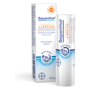 Pflegender Bepanthol Lippenstift in einer weißen Verpackung mit LSF 50, schützt und spendet Feuchtigkeit.