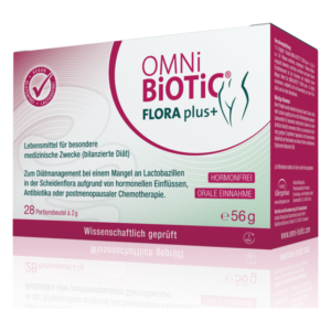 Verpackung von OMNi-BiOTiC FLORA plus+, ein Nahrungsergänzungsmittel für Diätmanagement mit 28 Portionsbeuteln. Hormunfrei und für orale Einnahme.