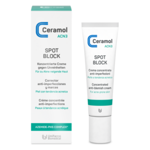 Verpackung und Tube der Ceramol ACN3 Spot Block Creme gegen Unreinheiten für zu Akne neigende Haut.