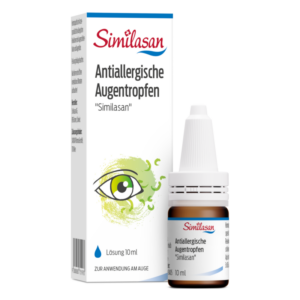 Antiallergische Augentropfen in einer braunen Flasche mit weißem Tropfverschluss, verpackt in einer weißen Box.