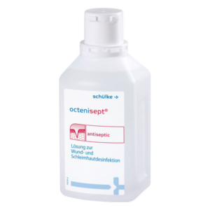 Eine Flasche mit antibakterieller Lösung zur Wund- und Schleimhautdesinfektion, etikettiert mit "octenisept".