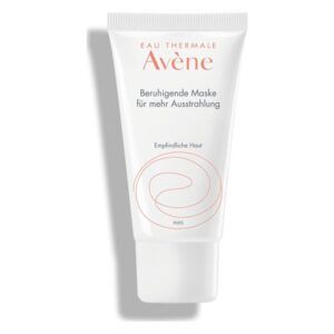 Helle Tube mit Beruhigender Maske für empfindliche Haut, beschriftet mit 'Eau Thermale Avène' und Anweisungen.
