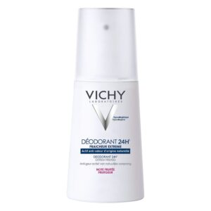 Weißer Deodorant-Spray von Vichy mit durchsichtiger Kappe und blauer Schrift, für 24 Stunden Frische.