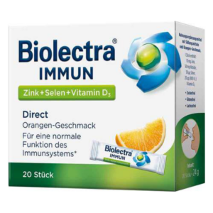 Verpackung von Biolectra IMUN mit Zink, Selen und Vitamin D3, Orangen-Geschmack, 20 Sticks, für das Immunsystem.