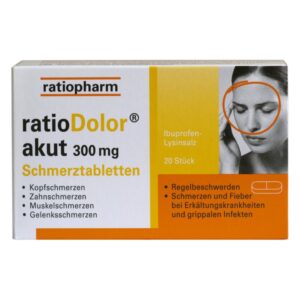 Verpackung von ratioDolor akut 300 mg Schmerztabletten mit Informationen zu Anwendungsgebieten und Inhaltsstoffen.