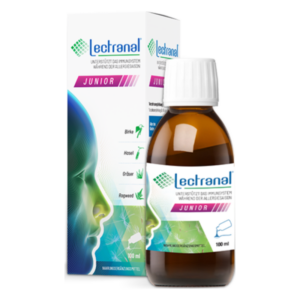 Braune Flasche mit Schraubverschluss und Verpackung von Lectranal Junior zur Unterstützung des Immunsystems bei Allergien.
