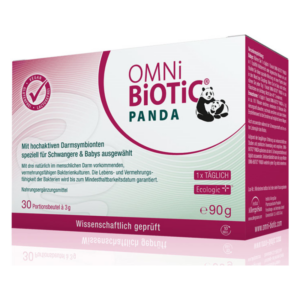Verpackung von OMNi BiOTiC PANDA, einem Nahrungsergänzungsmittel für Schwangere und Babys, mit einem Panda-Logo.