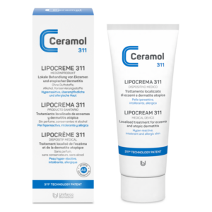 Verpackung von Ceramol 311 Lipocreme, geeignet für die Behandlung von Ekzemen und atopischer Dermatitis, enthält keine Duftstoffe oder Alkohol.
