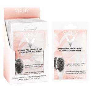 Verpackung mit Vichy Double Glow Peel Mask, die vulkanische Steine und AHA enthält, für strahlende Haut.