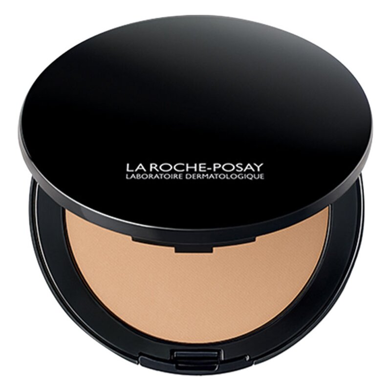 Runde, schwarze Kompakt-Foundation von La Roche-Posay mit leichtem, cremigem Farbton im Inneren.