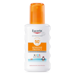 Flasche Eucerin Kids Sun Spray mit hohem Lichtschutzfaktor 50+, weiß-orange Verpackung, medizinische Hautpflege.
