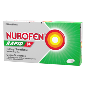 Verpackung von Nurofen Rapid, 12 Filmtabletten mit 400 mg Ibuprofen gegen Schmerzen, grün und rot gestaltet.