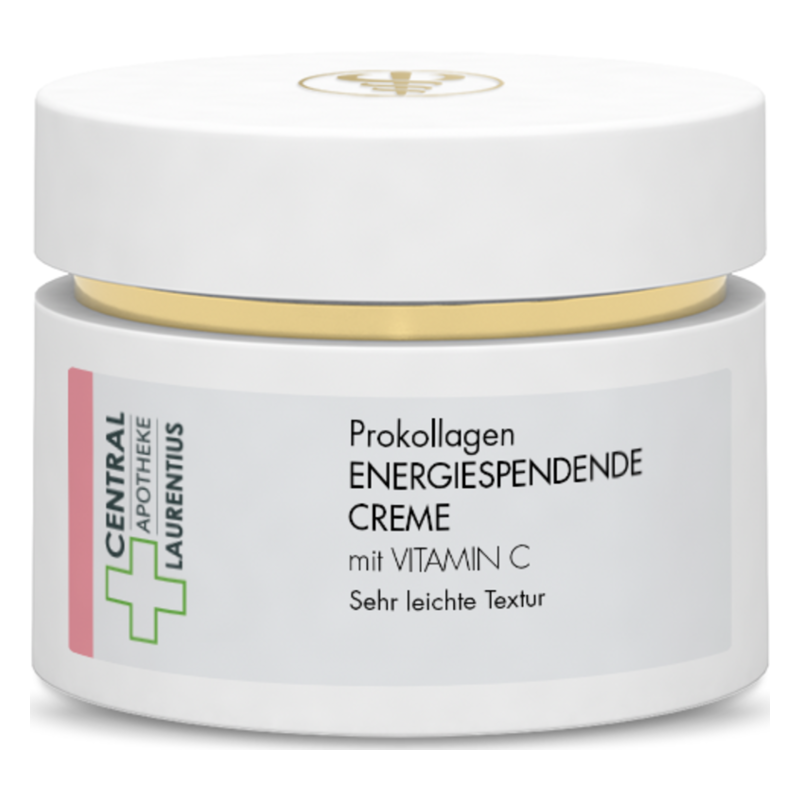 Prokollagen-energiespendende Creme mit Vitamin C in einem weißen Tiegel mit goldenem Deckel und buntem Etikett.