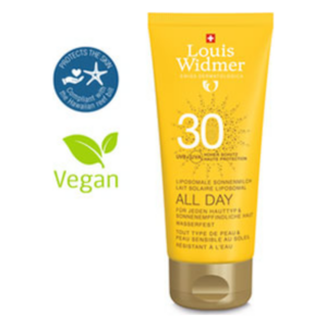 Liposomale Sonnencreme SPF 30 in gelber Verpackung, vegan, wasserfest, geeignet für empfindliche Haut.