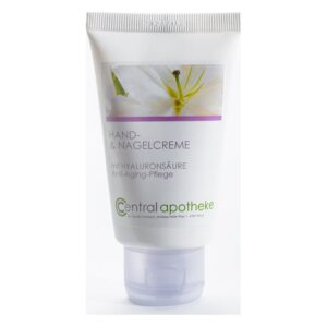 Tubenverpackung einer Hand- und Nagelcreme mit Hyaluronsäure und Anti-Aging-Pflege, auf weißem Hintergrund.