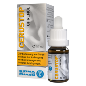 Ohrenöl in einer 10 ml Flasche mit Produktinformation zur Anwendung und Lagerung, verpackt in einer Box.