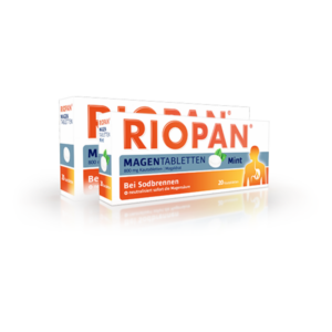 Verpackung von Riopan Magentabletten mit der Geschmacksrichtung Mint, zur Linderung von Sodbrennen.