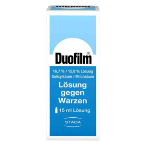 Duofilm Lösung gegen Warzen in einer blauen Packung mit der Angabe von Salicylsäure und Milchsäure.