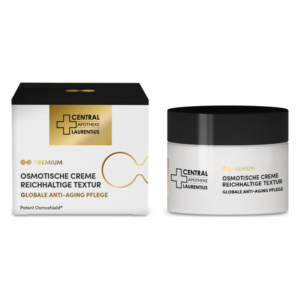 Osmotische Creme in einem runden Tiegel, präsentiert mit einer eleganten Verpackung in Schwarz und Gold.