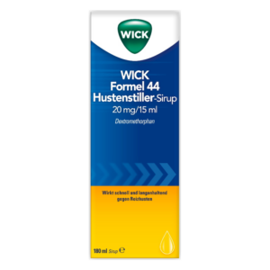 WICK Formel 44 Hustenstiller-Sirup in einer blauen Verpackung mit gelbem unteren Bereich, enthält Dextromethorphanhydrobromid.
