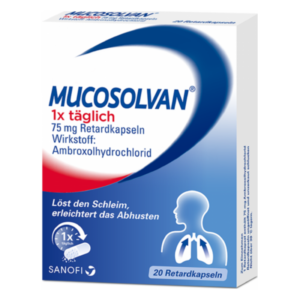 Verpackung von MUCOSOLVAN Retardkapseln mit 75 mg Ambroxol, hilft beim Lösen von Schleim und erleichtert das Abhusten.