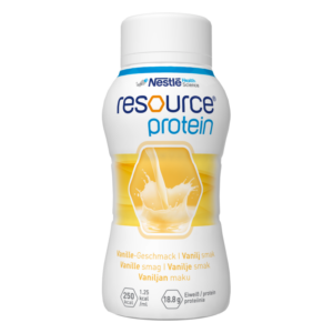 Flasche mit Proteinshake in Vanillegeschmack, abgerundetes Design, gelb-weißer Farbton, geschlossene Verpackung.