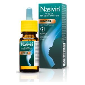 Nasivin Nasentropfen für Kinder in einer braunen Flasche mit gelbem Deckel und Verpackung, zeigt die Dosierung von 0,025%.