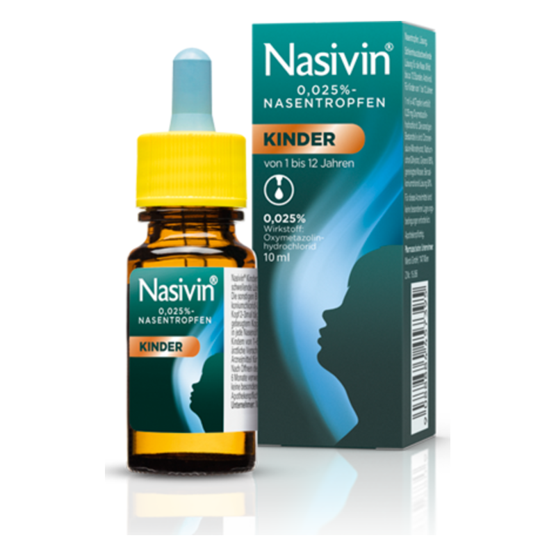 Nasivin Nasentropfen für Kinder in einer braunen Flasche mit gelbem Deckel und Verpackung, zeigt die Dosierung von 0,025%.