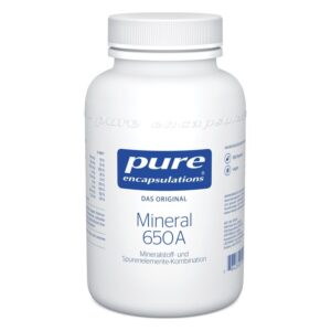 Weiße Kunststoffflasche mit Schraubverschluss, enthält Mineralstoff- und Spurenelementekapseln.