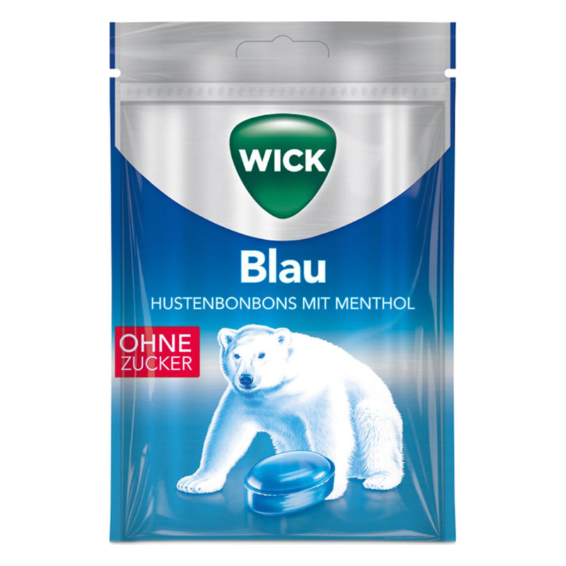 Verpackung von Wick Hustenbonbons mit Menthol in blauer Farbe, zuckfrei, mit einem Eisbären auf der Vorderseite.