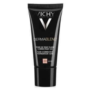 Schwarze Tube mit Vichy Dermablend Flüssigfoundation, beige, mit Informationen zu Deckkraft und langer Haltbarkeit.