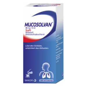 Verpackung des Hustenmedikaments MUCOSOLVAN mit Ambroxol, 200 ml Lösung zur Schleimlösung und Hustenlinderung.